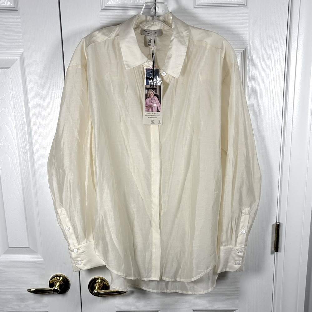 Martha Stewart Ivory Satin Semi-Sheer Button Down Blouse Shirt Medium